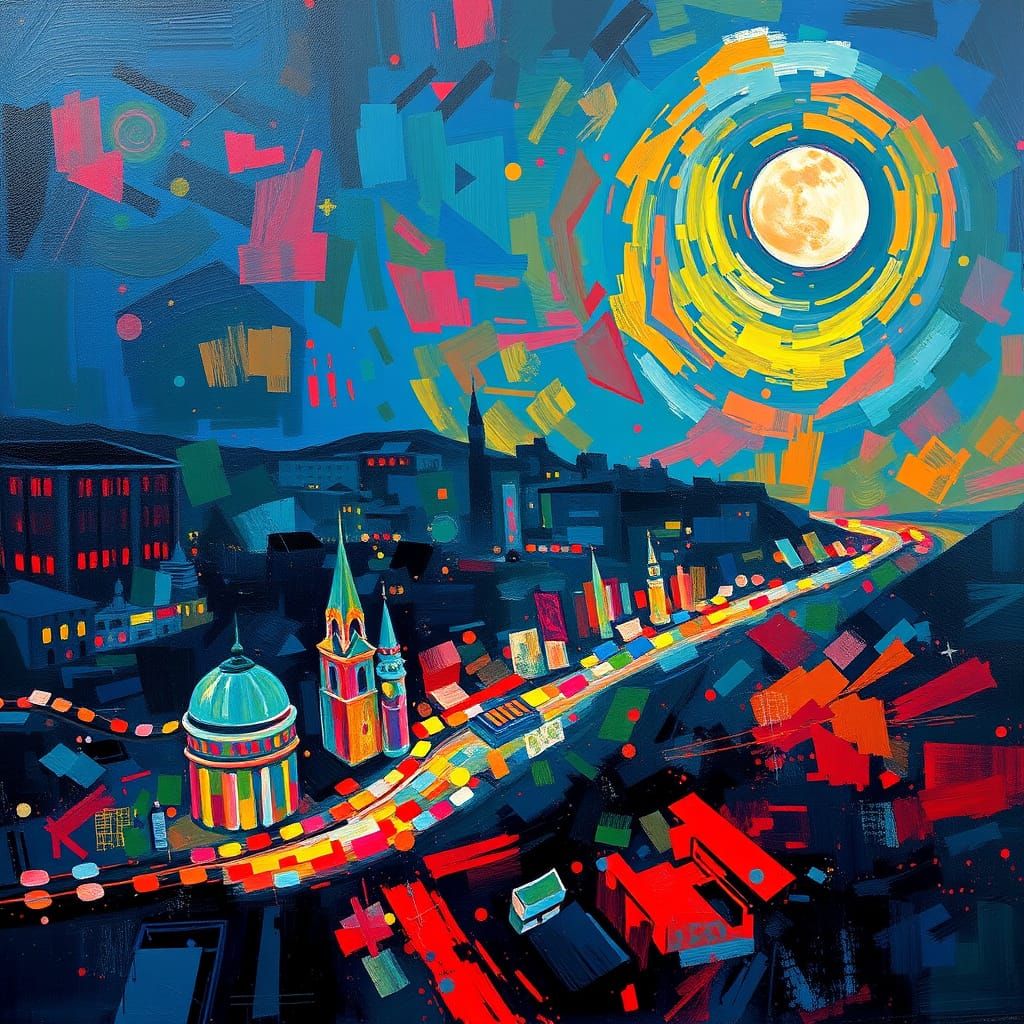 Dreamlike Cityscape with Full Moon and Abstract Colors
