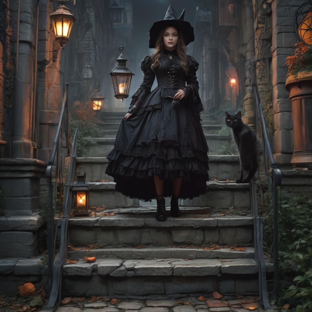 Victorian Witch and Black Cat Fantasy Art
