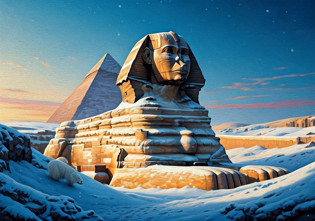 Snowy Sphinx with Polar Bear, in Kinkade Style
