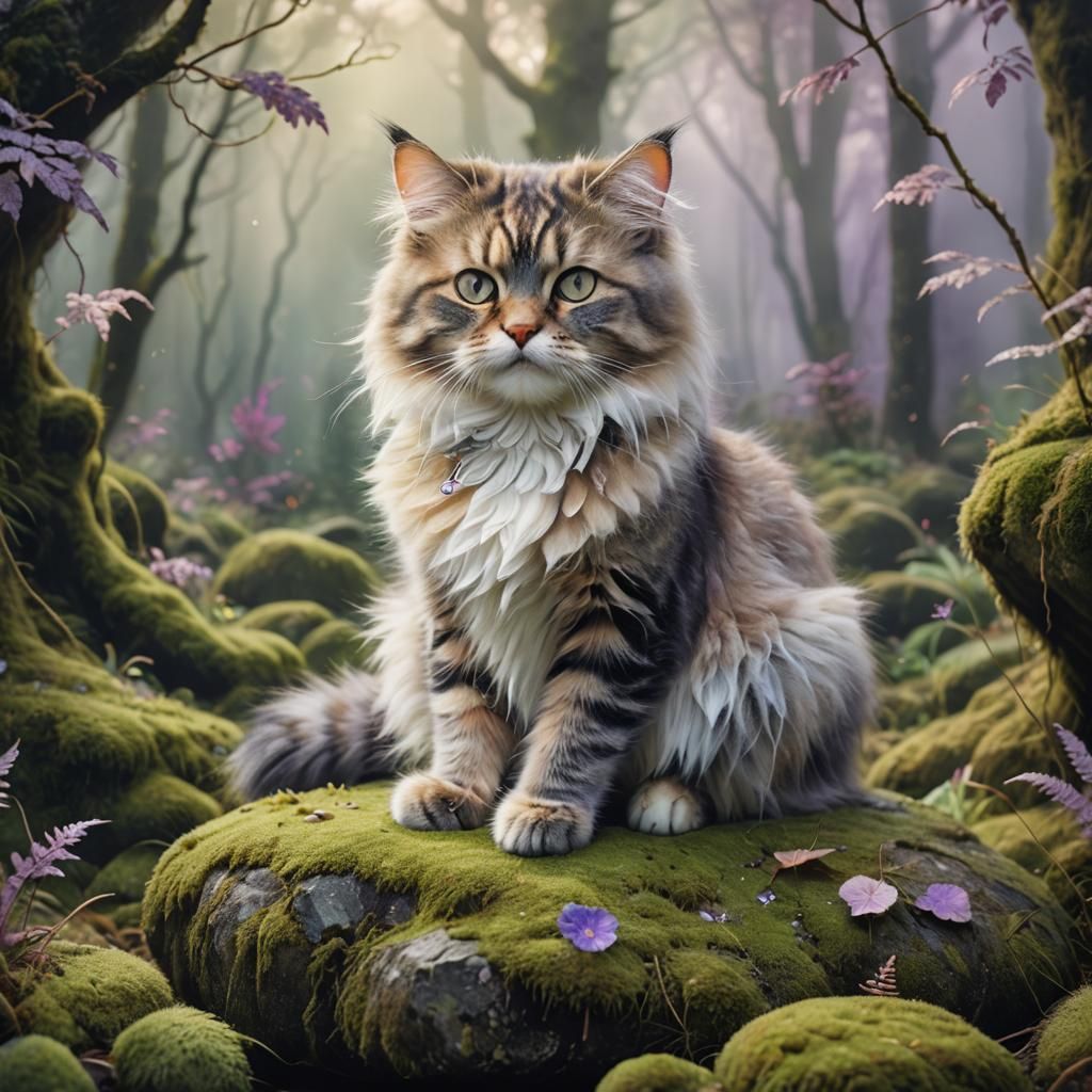 Whimsical Cat in Enchanted Forest
