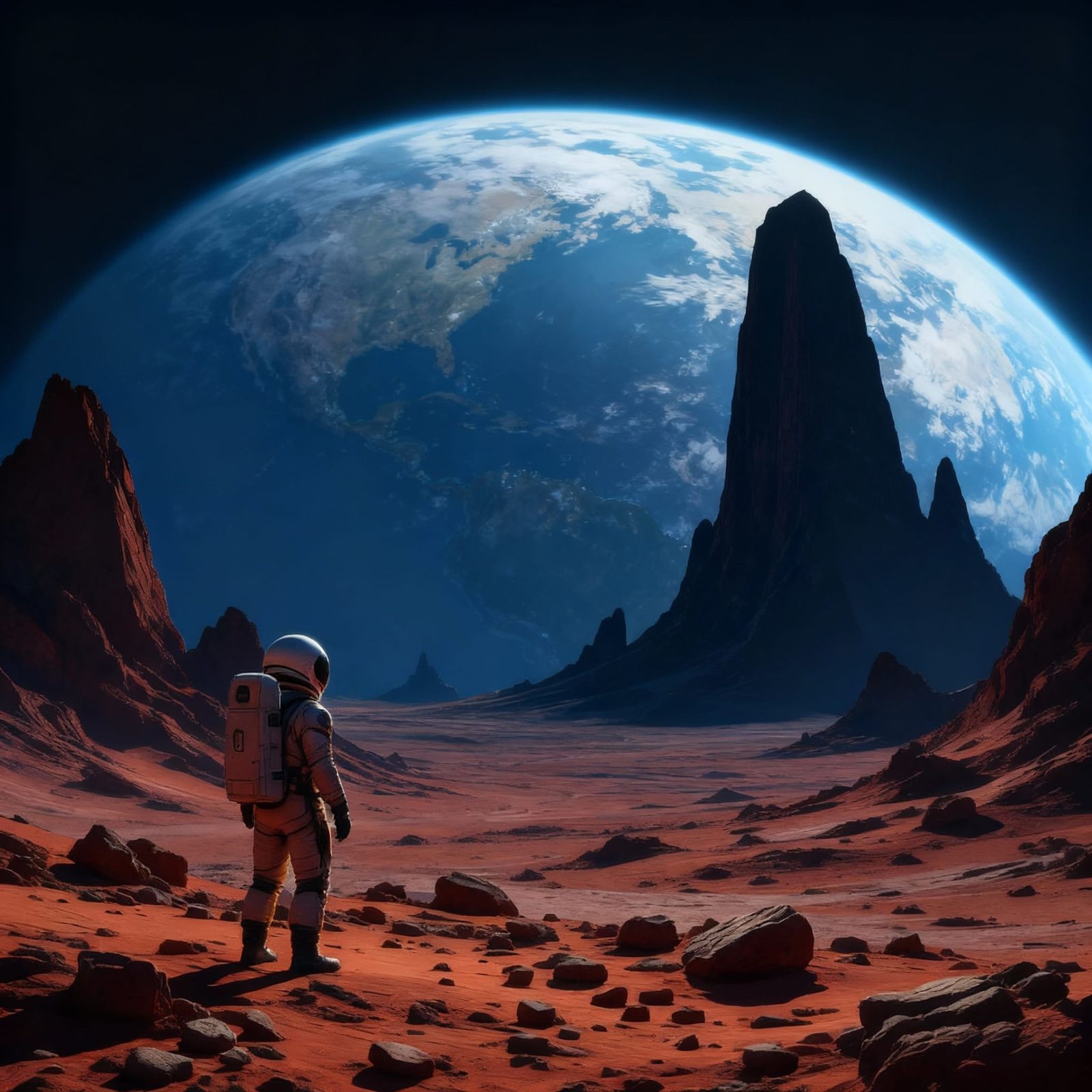 Astronaut on Alien Planet Views Nebula and Ancient Structure