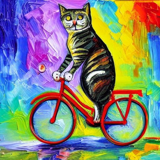 Cat on Bicycle in Neo-Impressionist Style