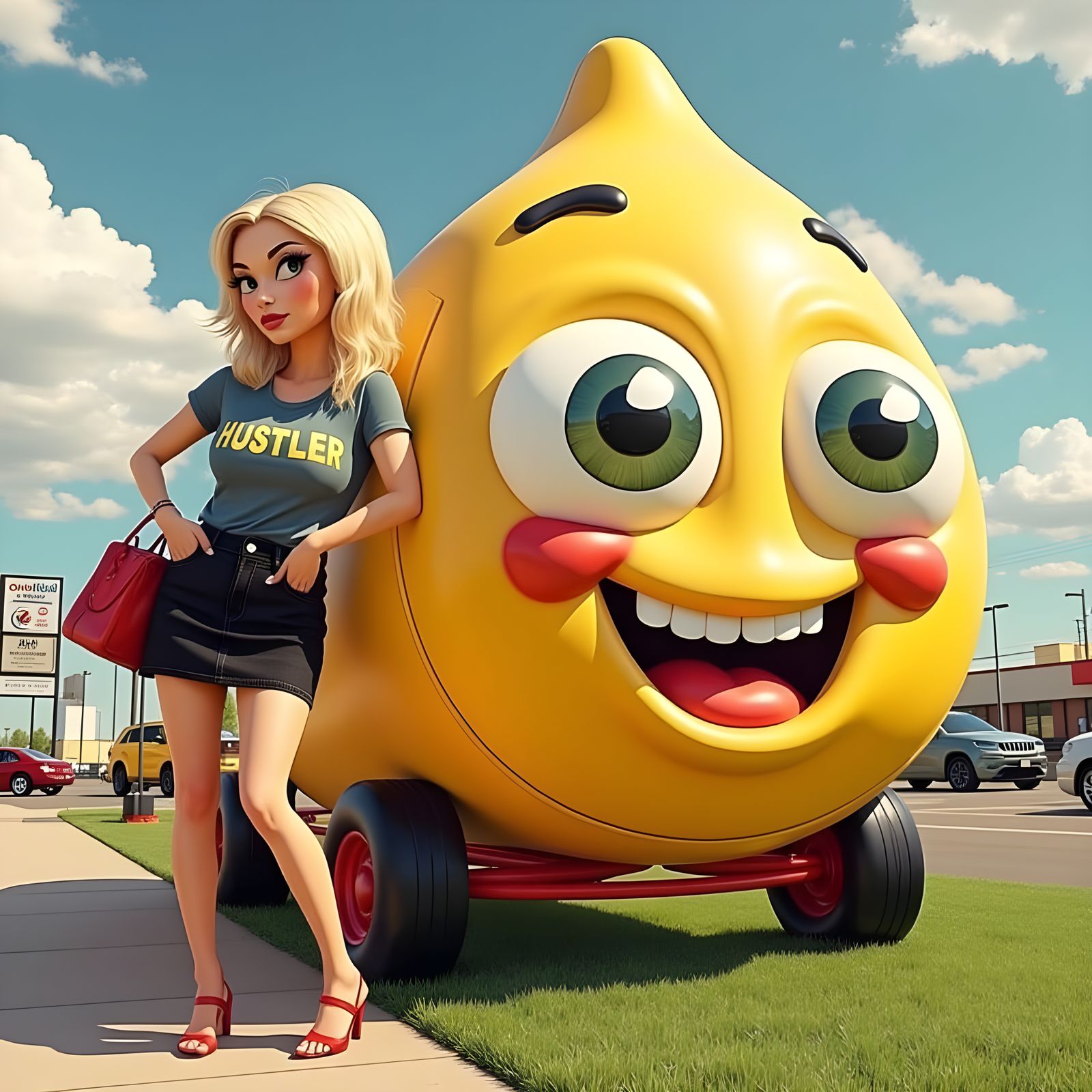 Woman Beside Teardrop Car in Roadside Attraction Style