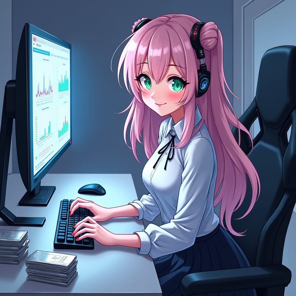Anime Gamer Girl Analyzing Silver Market in Digital Art Styl...