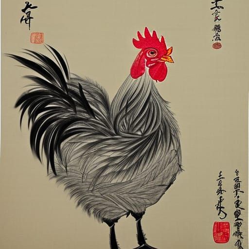 Monochrome Chicken Head in Chinese Brush Painting