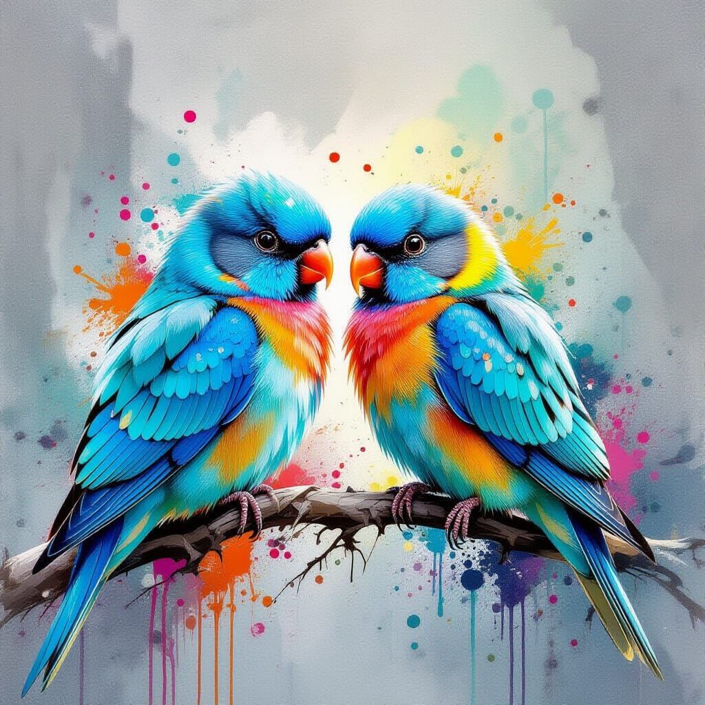 Turquoise Lovebirds in Watercolor Style