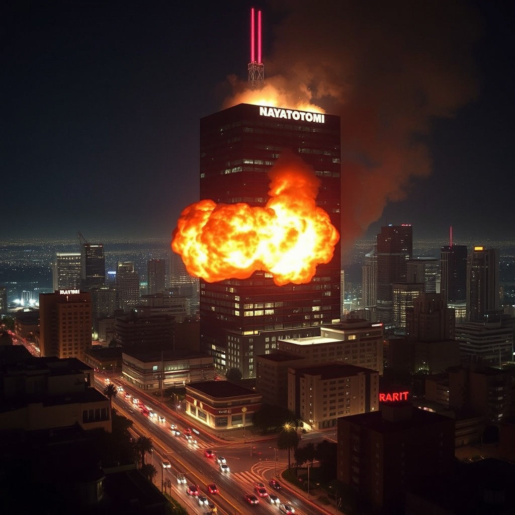explosion at the Nakatomi building in Los Angeles, Die Hard, at night