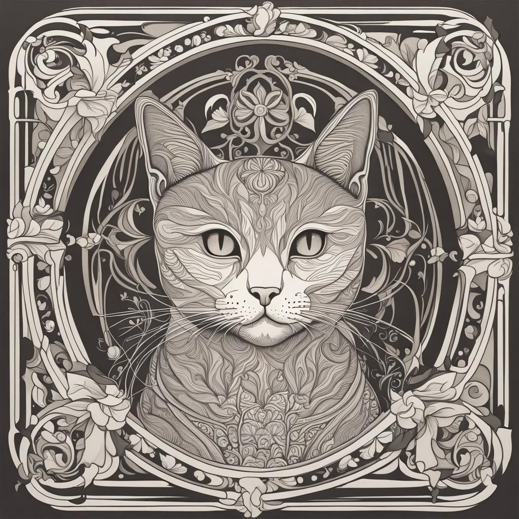 Monochromatic Cat Painting in Jugendstil Style