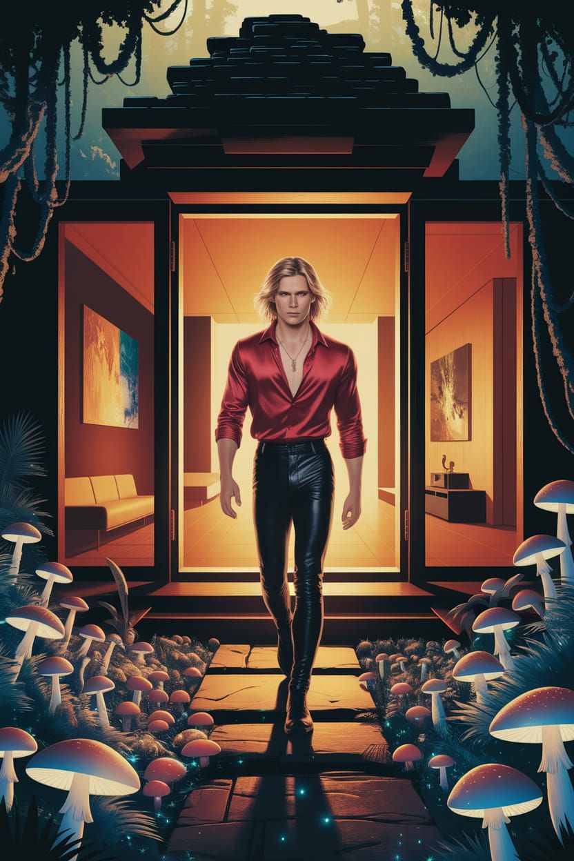 Luminous Jungle Temple Scene with Bioluminescent Mushrooms