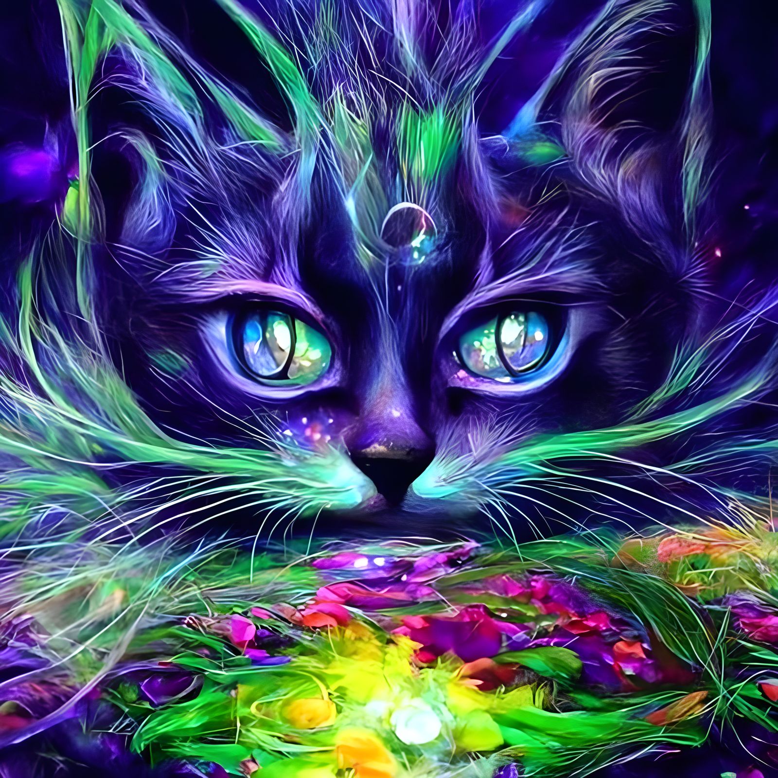 Cosmic Cat Goddess in Psychedelic Starry Night