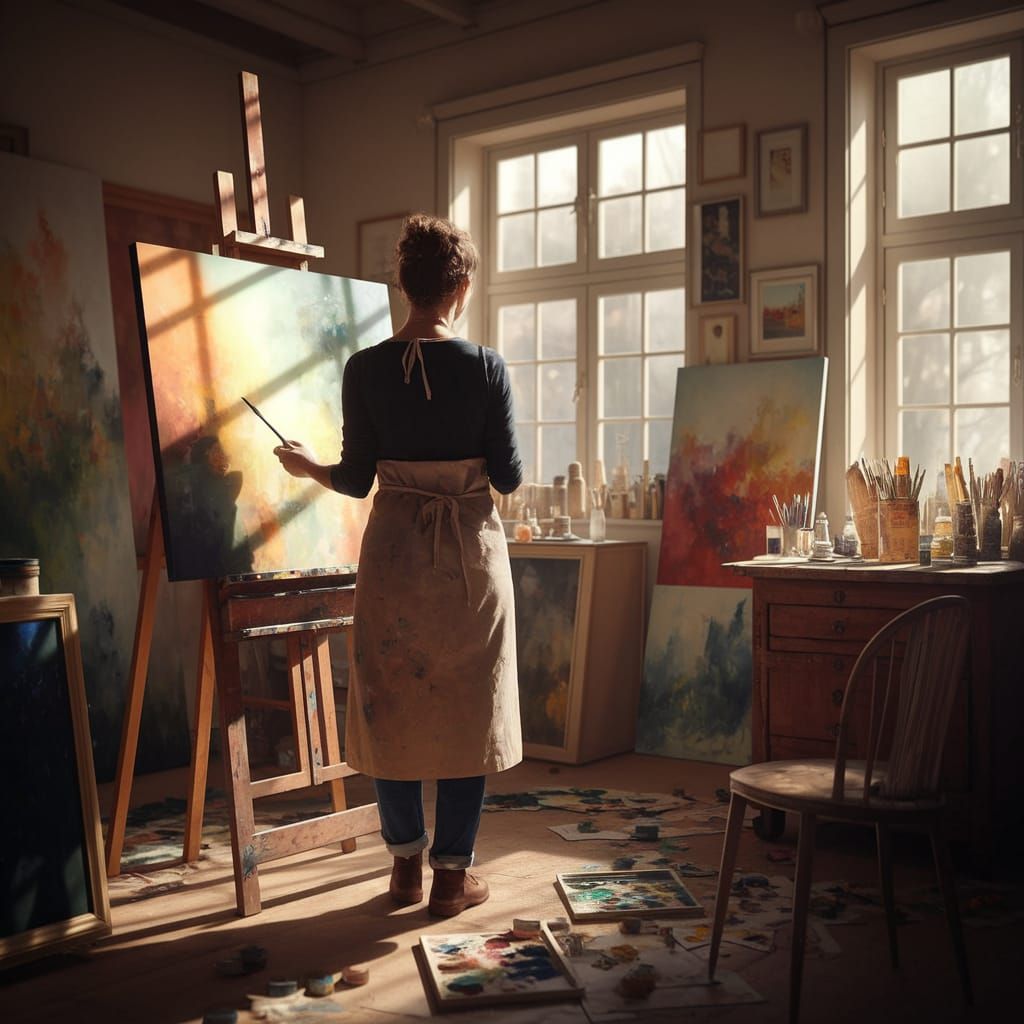 Artist in Her Cozy Studio, Captivated by Creative Expression