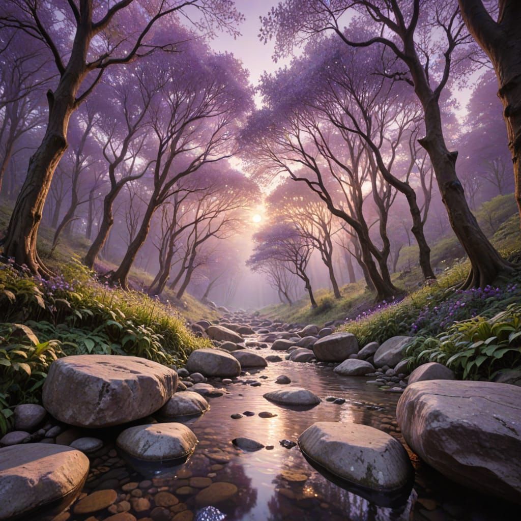 Ethereal Crystal Forest Under Violet and Gold Sky