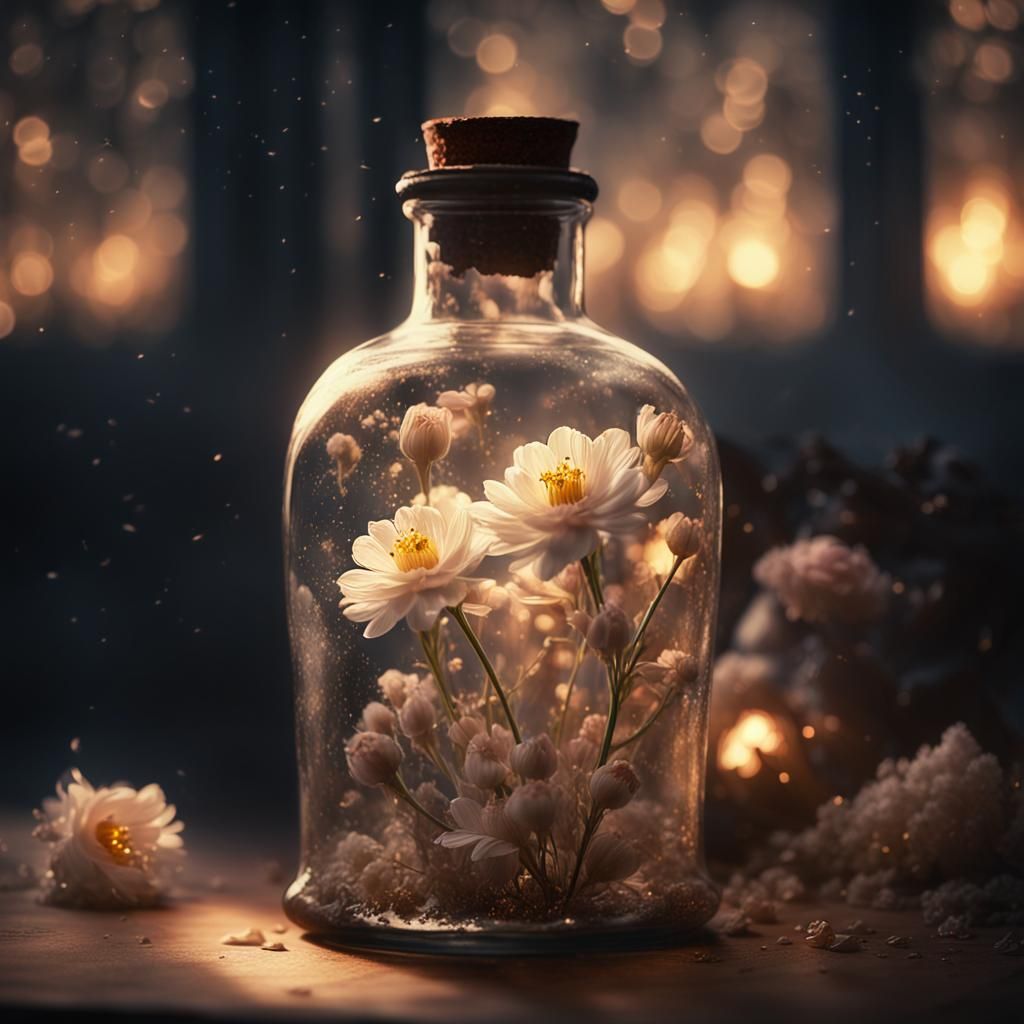 Lightning Illuminates Flowers in Vintage Glass Bottle