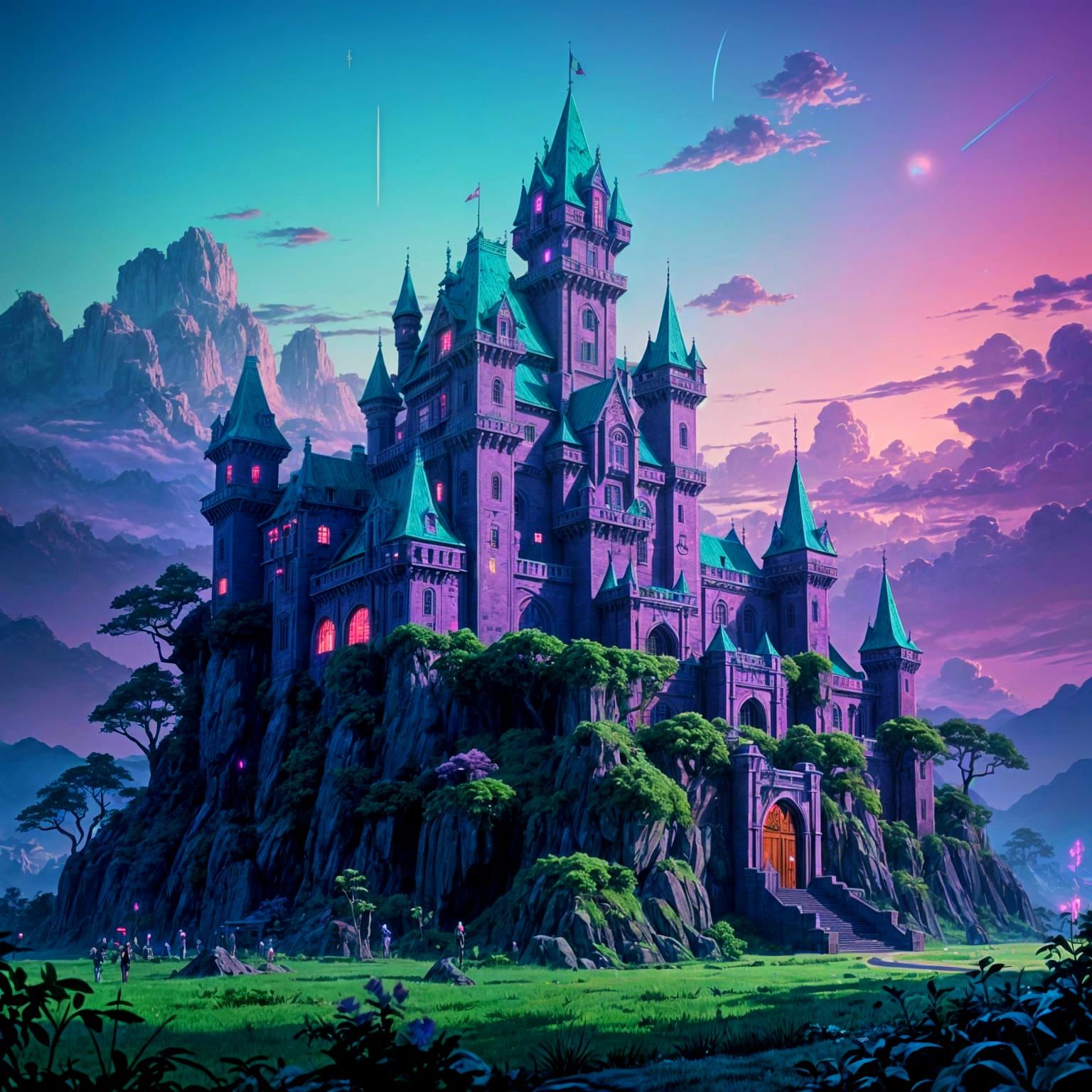 Synthwave Anime Castle in Retrowave Style