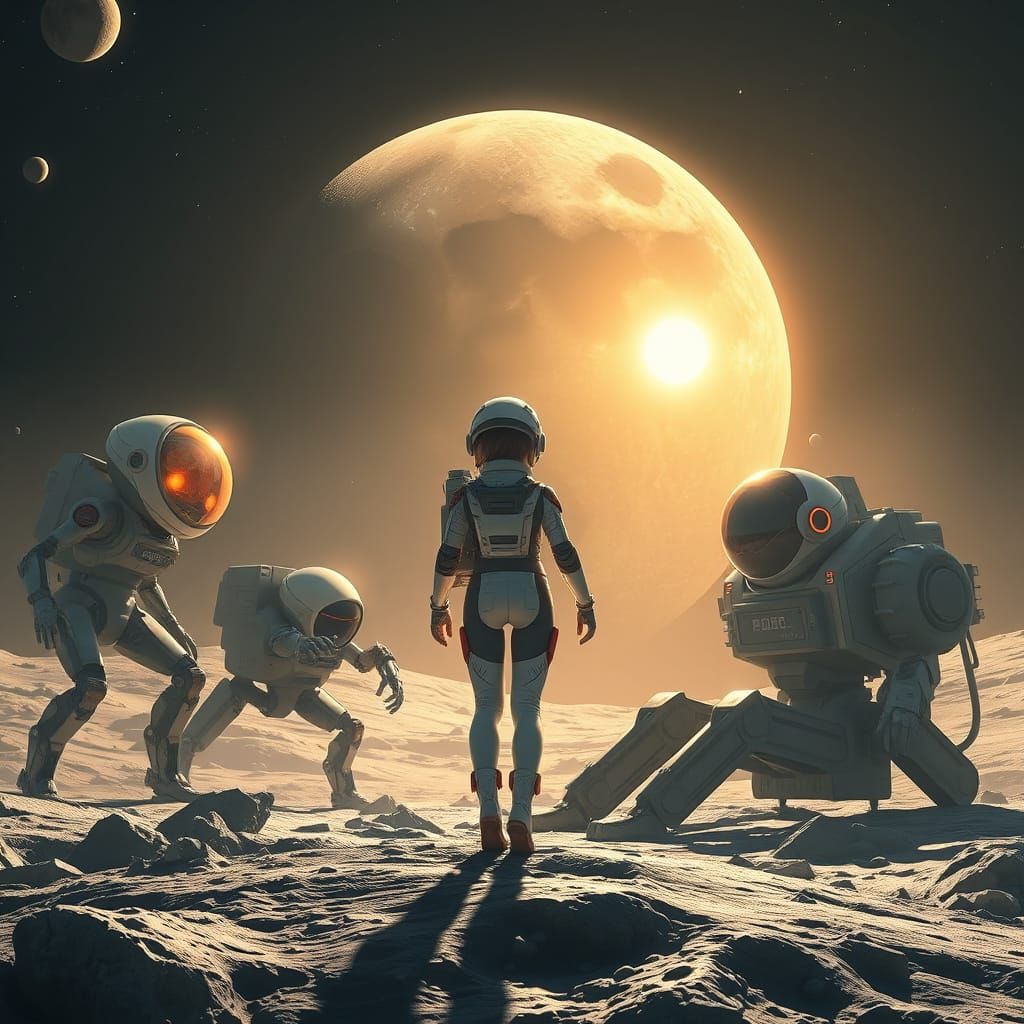 Futuristic Girl on the Moon, Gazing at the Sun, in a Realist...