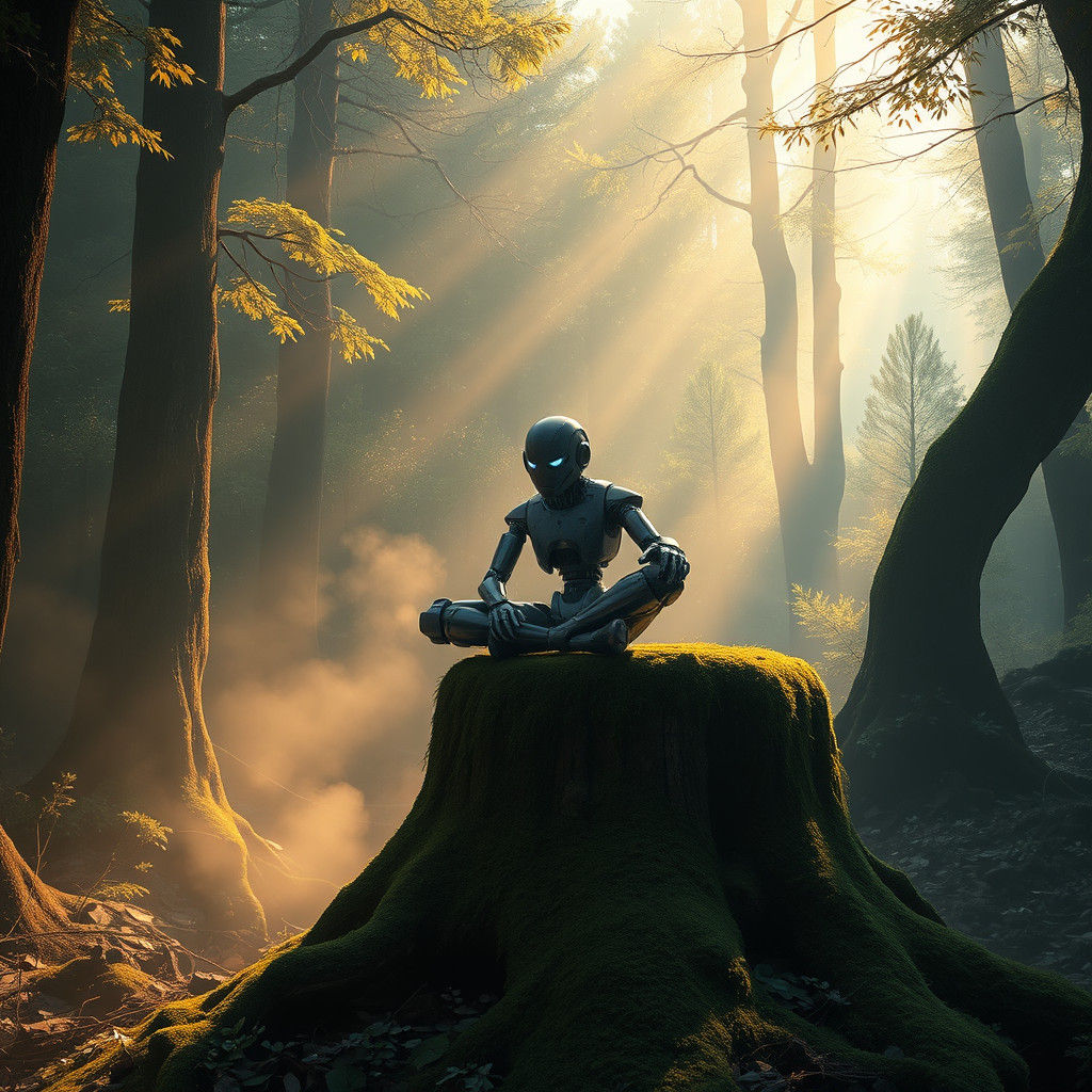 Robot in Enchanted Forest, Matte Painting Style