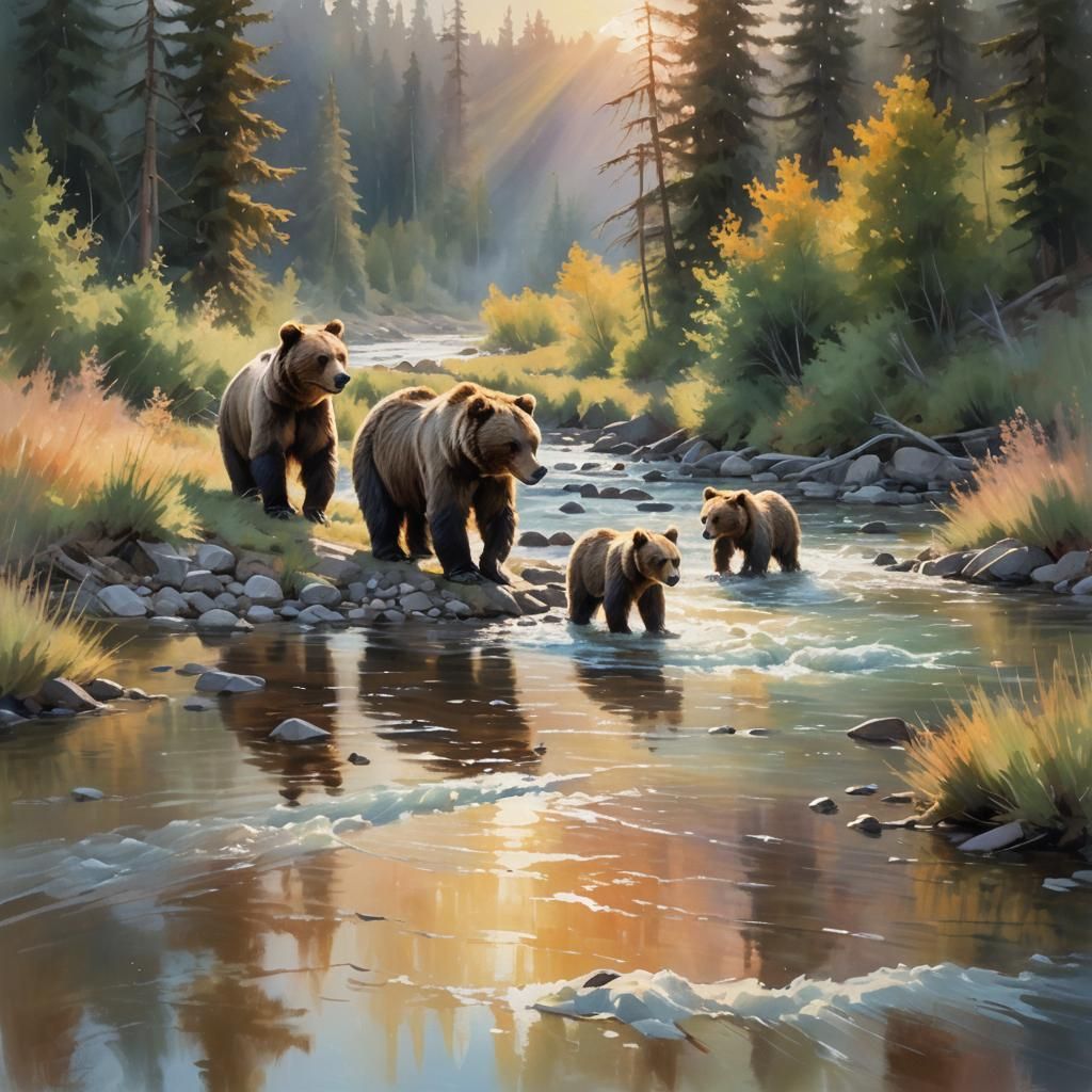 Grizzly Bear Family in Impressionist Landscape