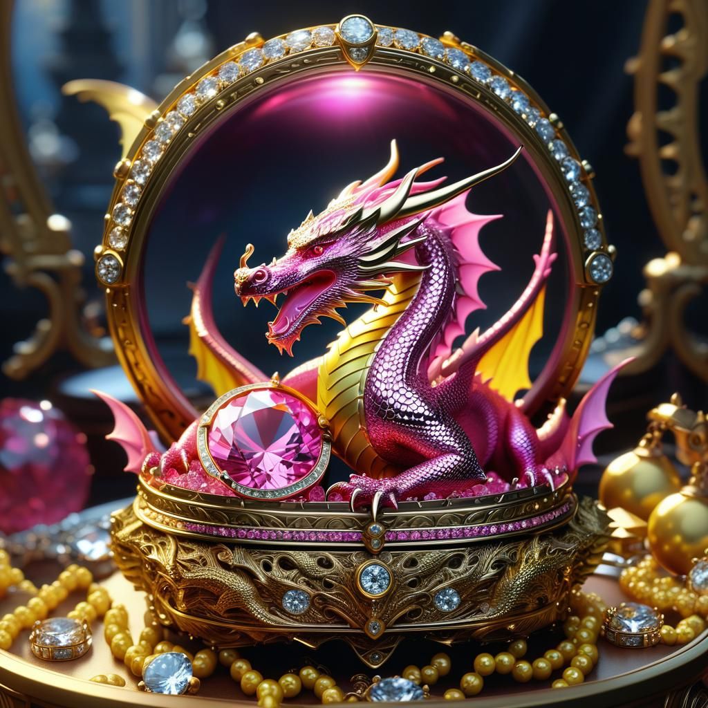 Pink and Yellow Dragon in Jeweled Treasure Box