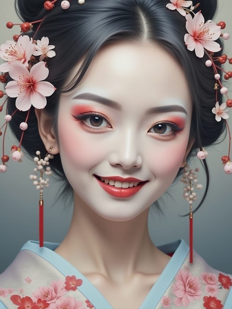 Beautiful Geisha with Sakura Blossoms Portrait
