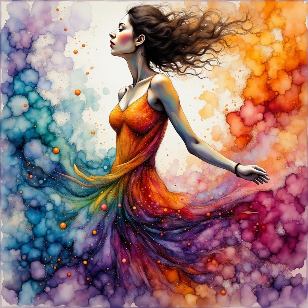 Kinetic Woman in Watercolor Pointillism Style