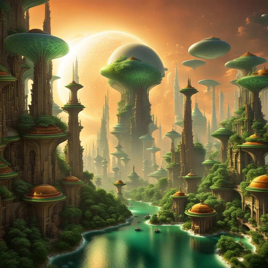 Alien Megacity on Exoplanet with Emerald Spires