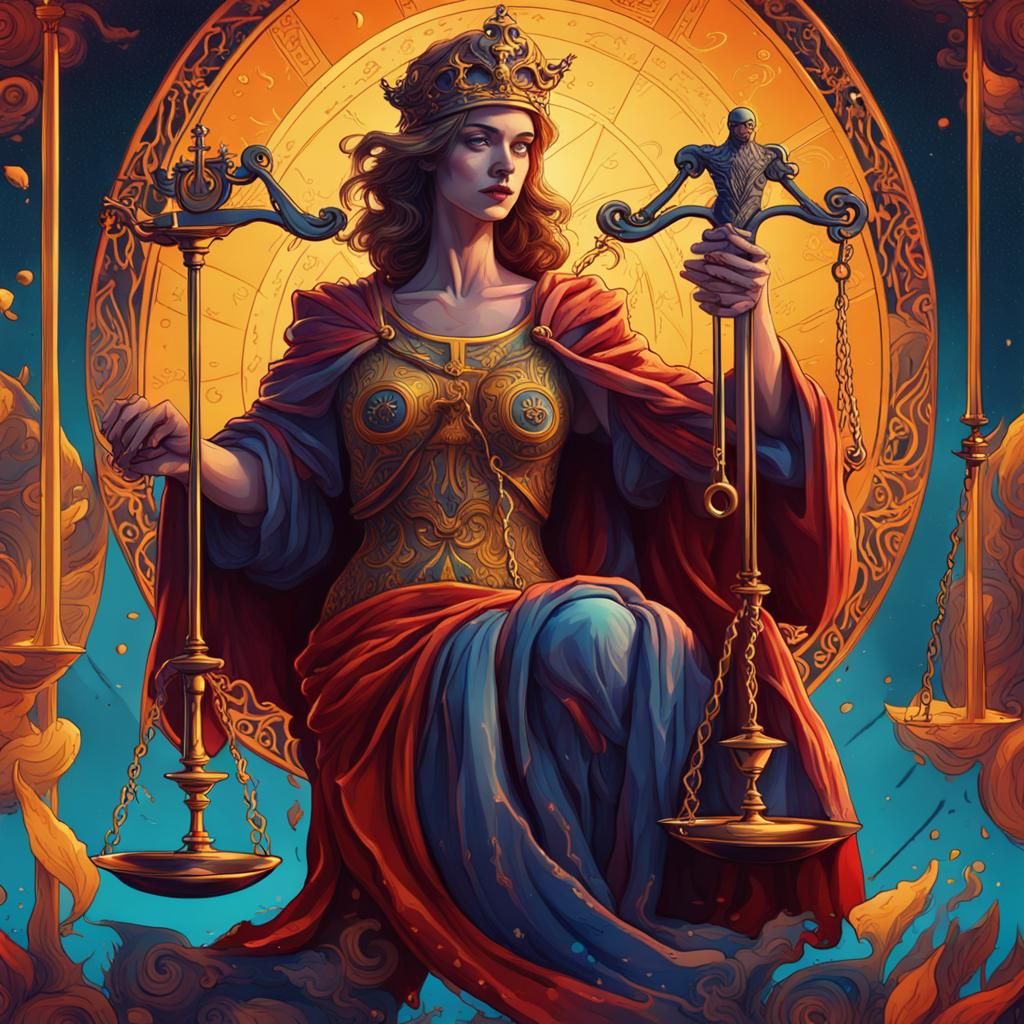 Justice Tarot Card: Surreal Illustration in Vibrant Colors