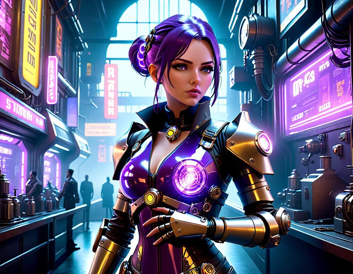 Eccentric Female Inventor in Steampunk Cyberpunk Metropolis