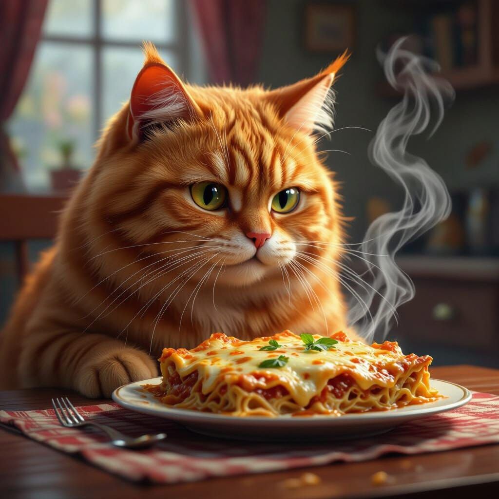 Fat Orange Cat Craves Lasagna, Hyperrealistic Fantasy Art