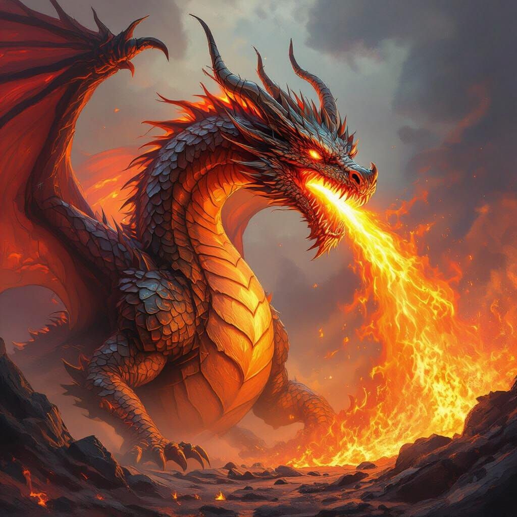 Colossal Fire Dragon Breathing Lava in Dynamic Fantasy Art S...
