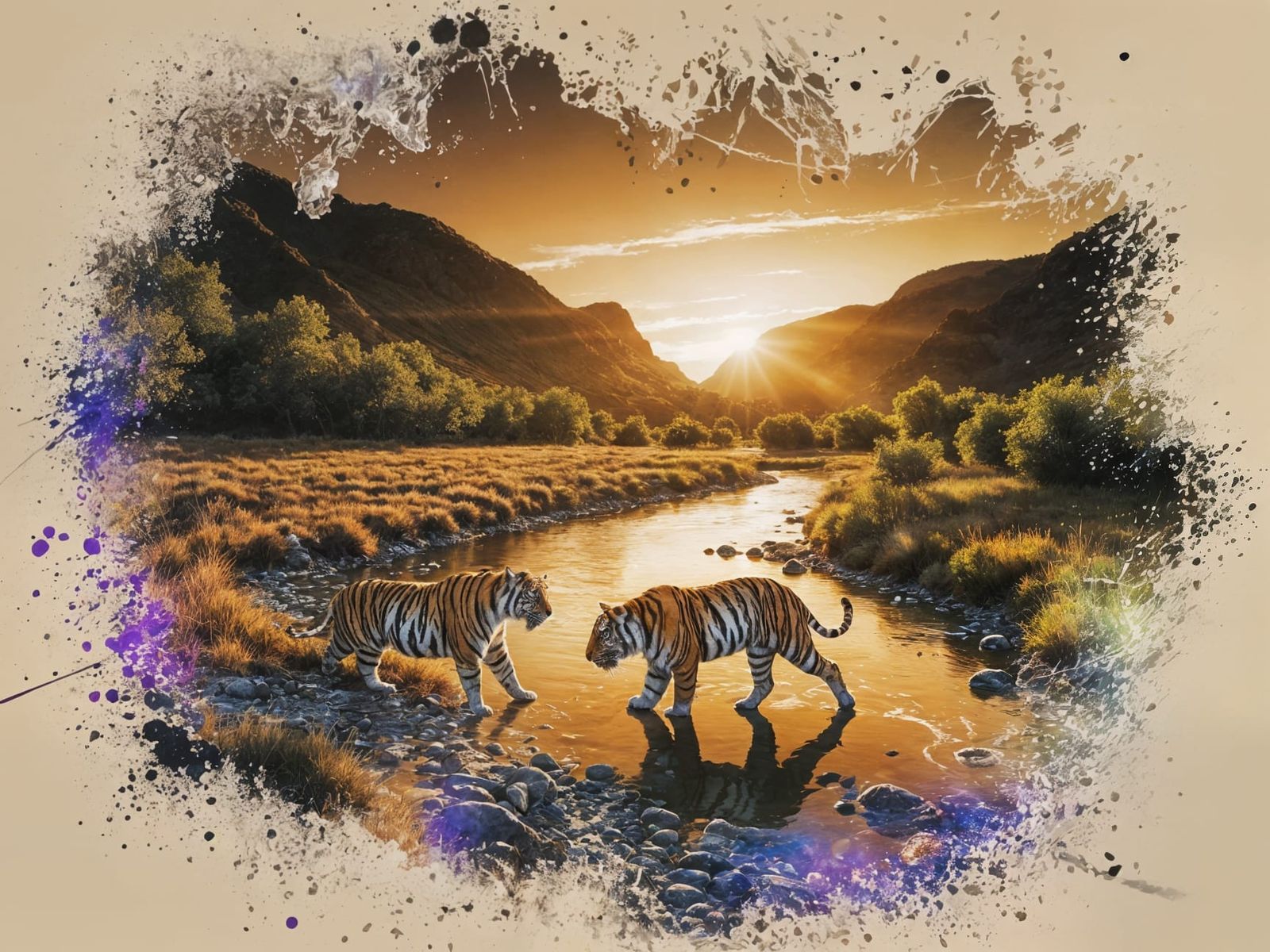 Tiger Family Frolicking in Sunset: Watercolor Ink Style