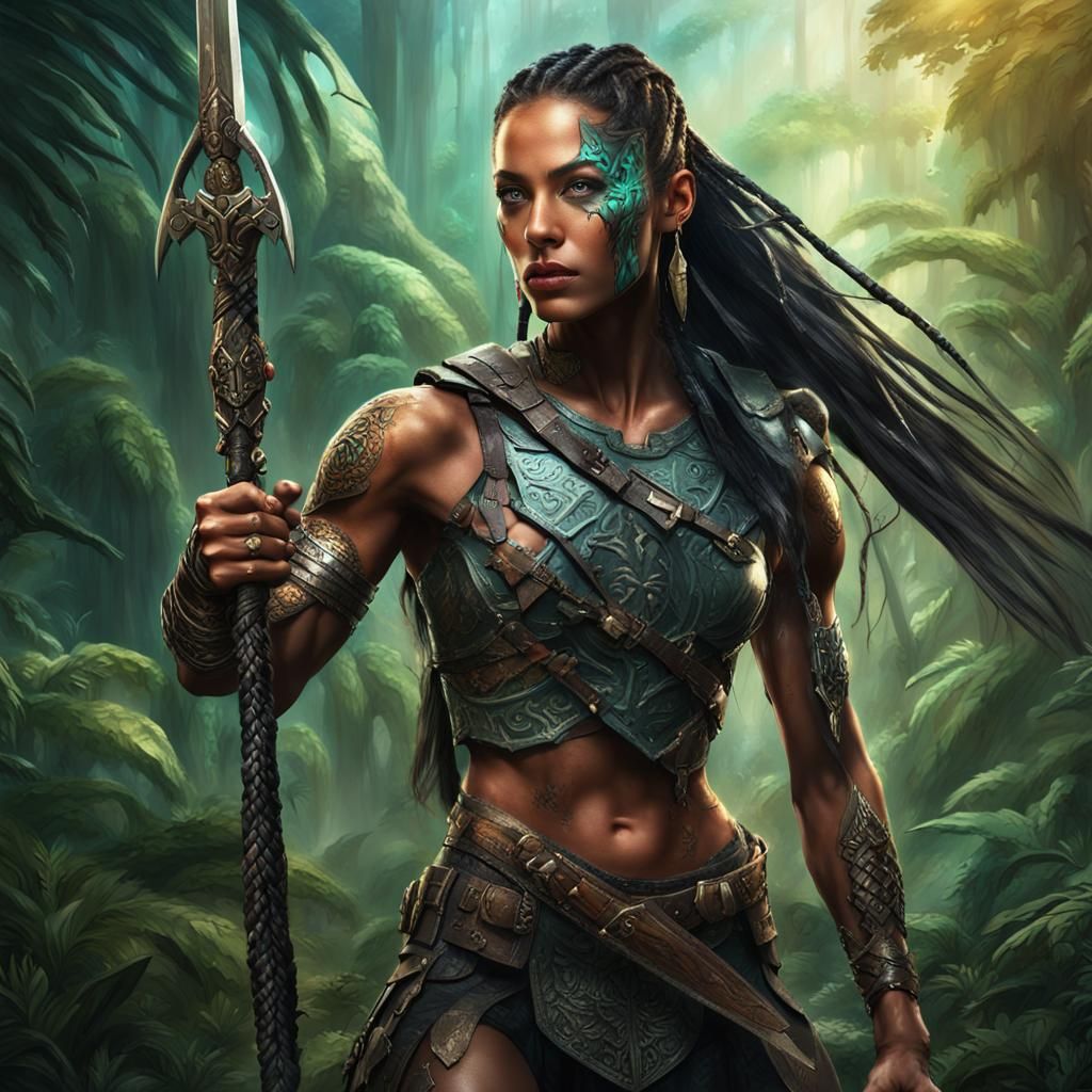 Fierce Jungle Warrior with Sword and Shield