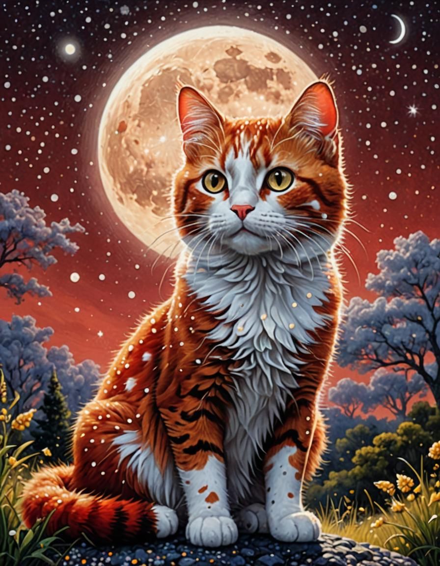 Pointillist Red Polka Dot Cat in Fantasy Landscape