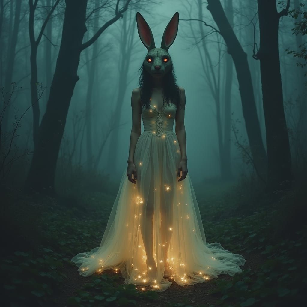 Ethereal Woman in Rabbit Mask in Dark Forest