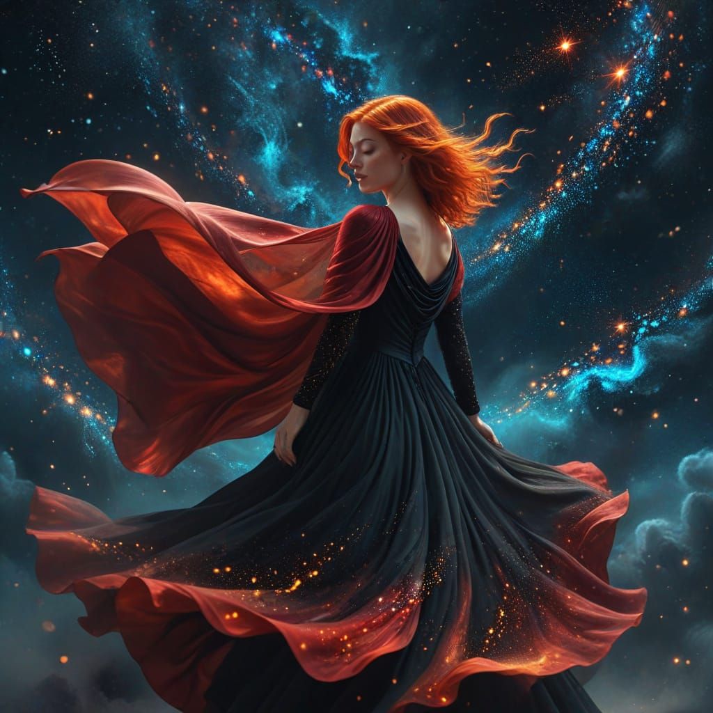 An abstract representation of a woman with red hair,