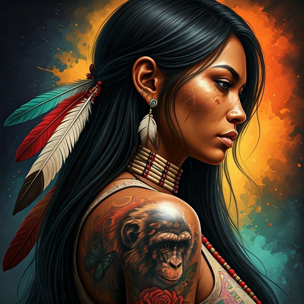 Native American Woman with Tattoos, Hyperrealistic Splash Ar...