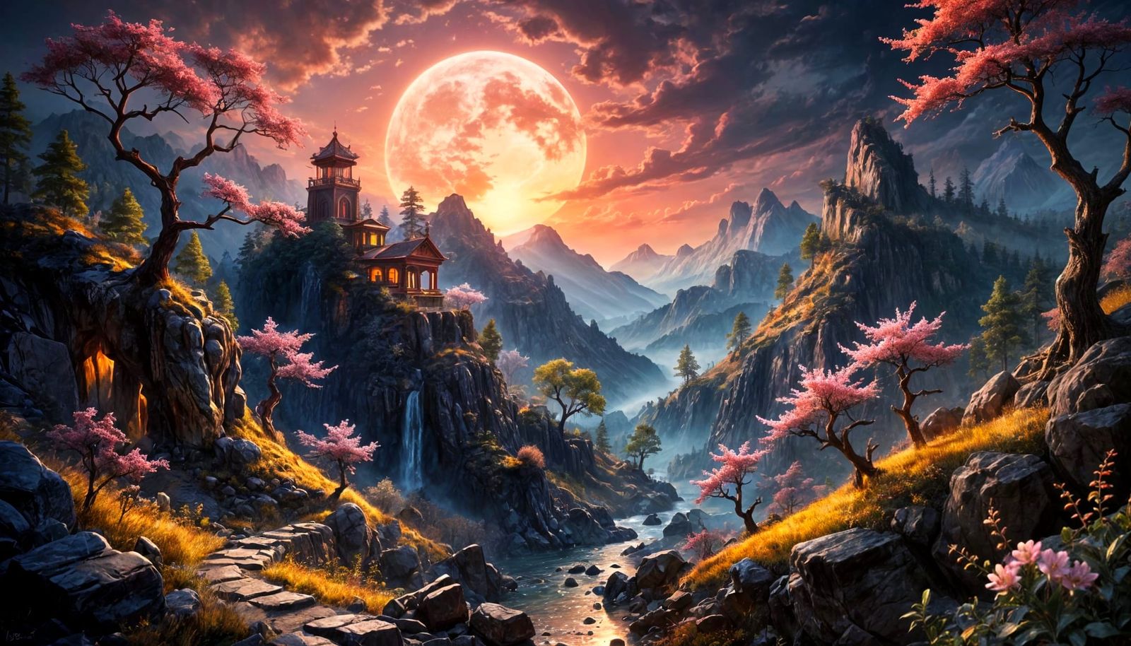 Surreal Hacienda Garden Blooms Under Vibrant Moonlit Sky