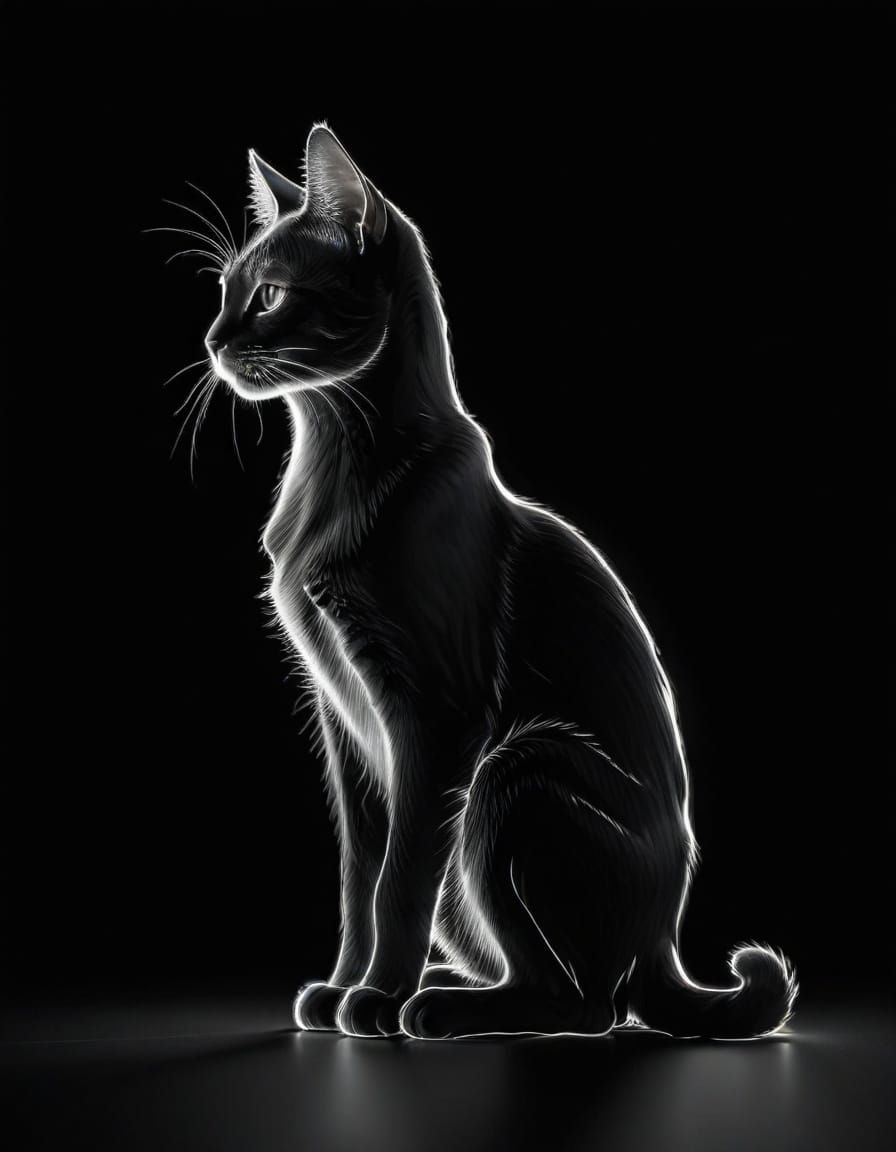 Elegant Cat Single Line Art on Black Background
