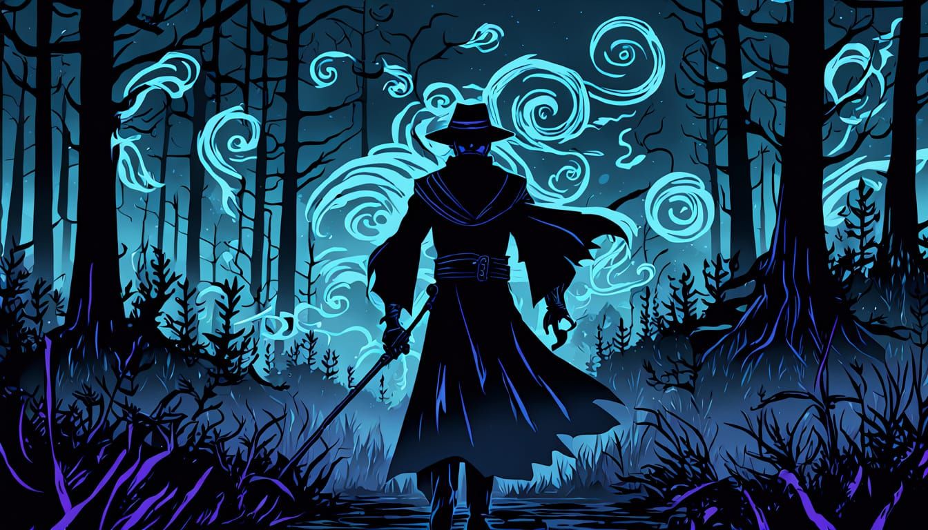 Mysterious Phantom Stands in Pine Swamp with Swirling Energy