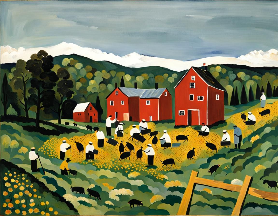 Naive Painting of Beekeepers in Bountiful Field