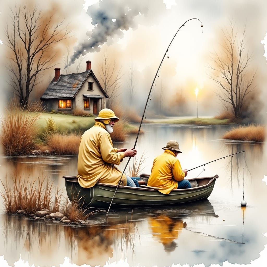 A Serene Watercolor Scene of an Old Fisherman in a Yellow Ra...