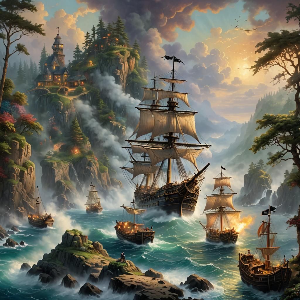 Pirate Ship Cannons Fire on Island Coast