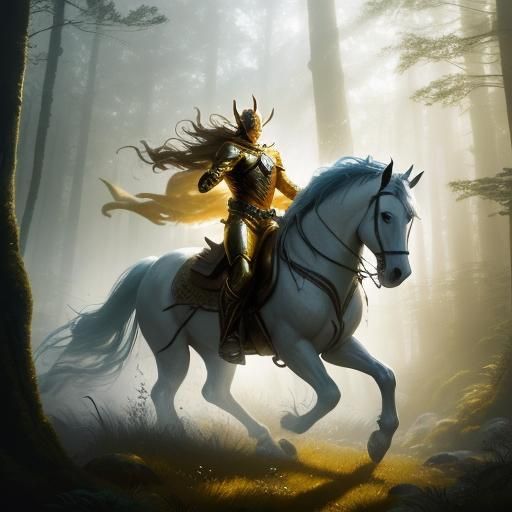 Superhuman Rides White Horse Through Misty Forest
