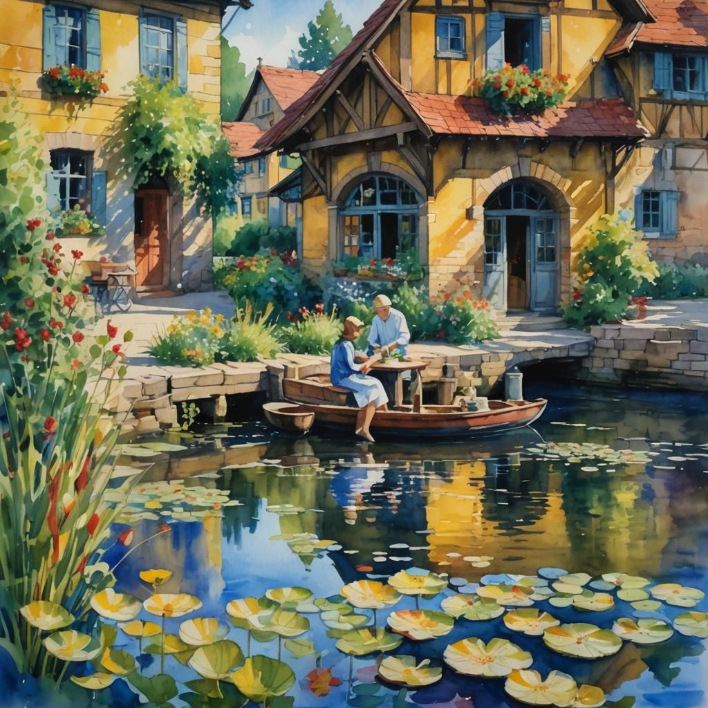 Riverside Wine in Dreamy Impressionist Watercolor