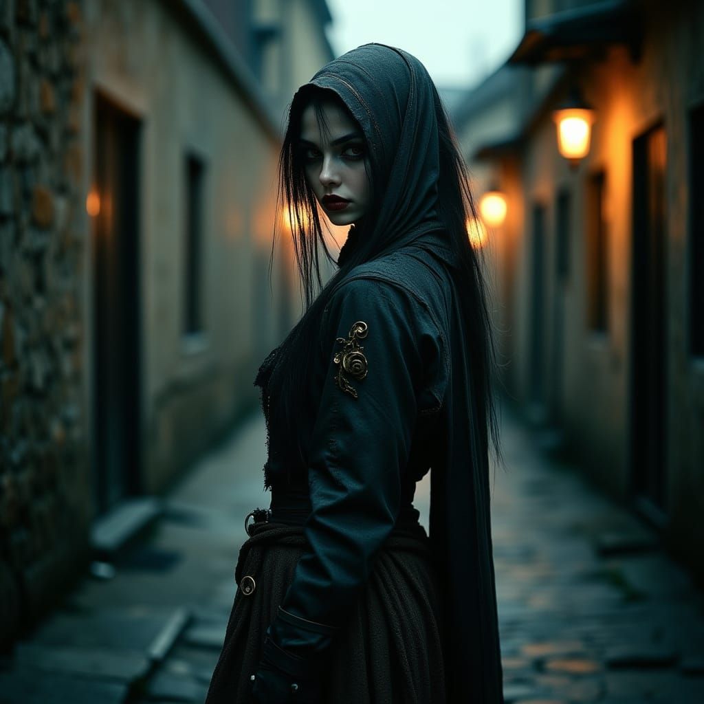 A Gritty Woman Gazes Back in a Dimly Lit Alley