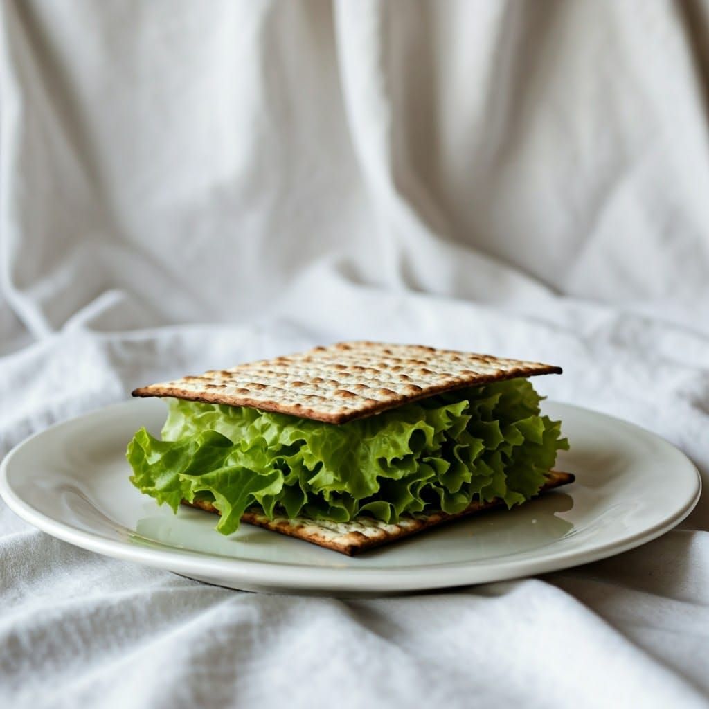 Matzah Sandwich on White Plate with Linen Tablecloth