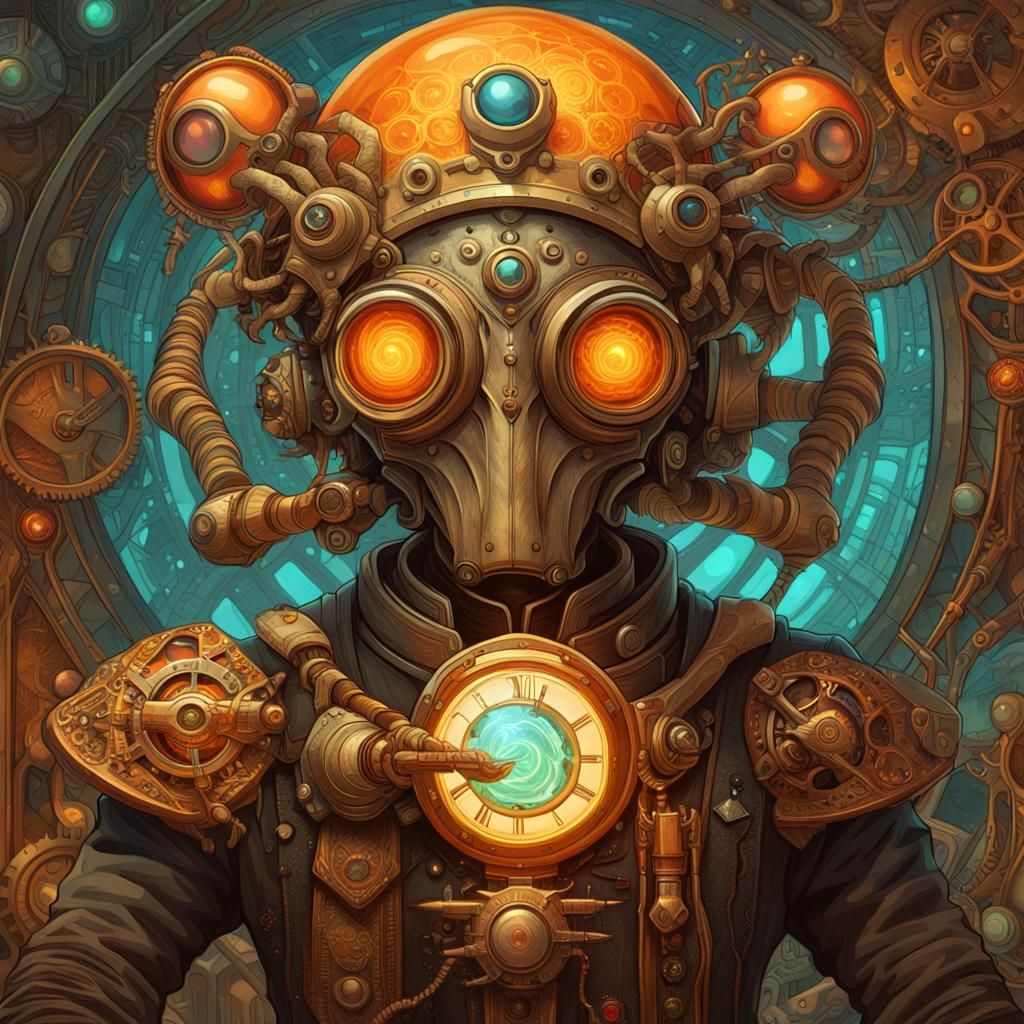 Steampunk Alien with Glowing Orb: Digital Art