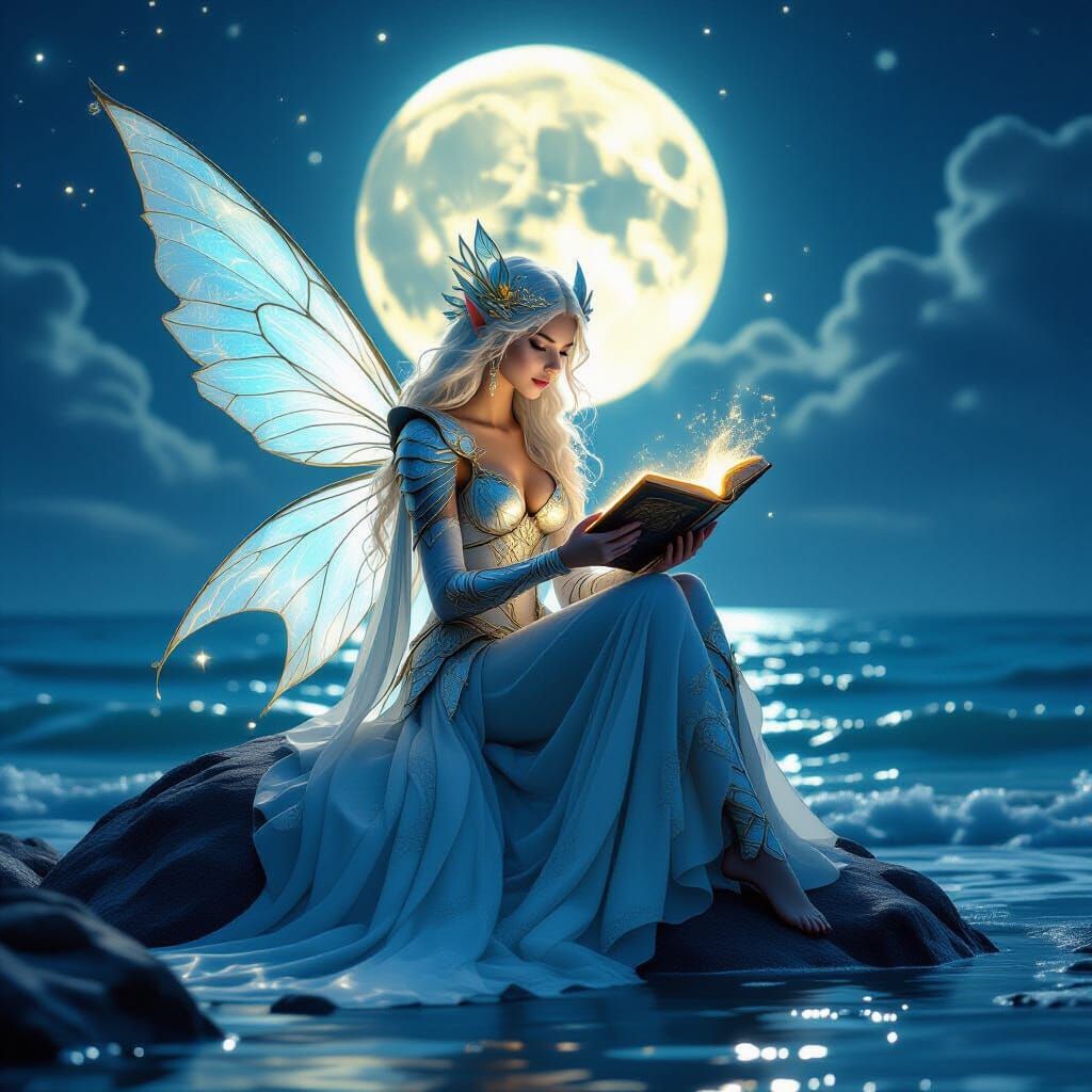 Mystical Sea Fairy Reads Glowing Tome