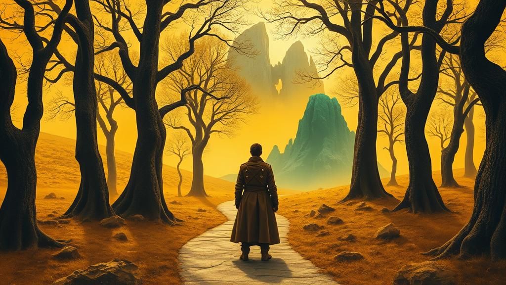 Mystical Traveler at Forest Crossroads in Surreal Landscape
