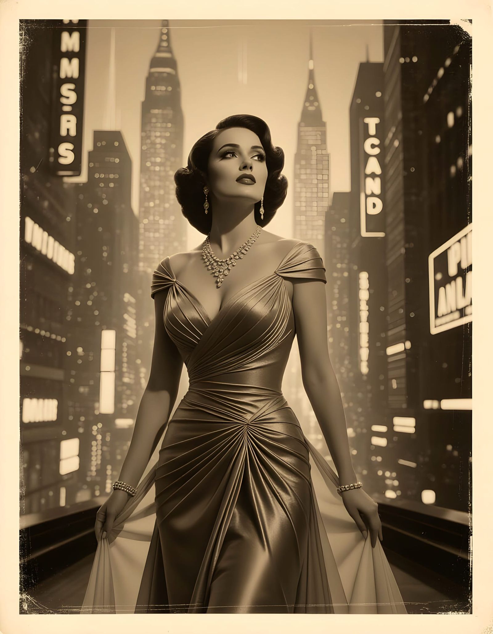 Glamorous Woman in Futuristic City, Vintage Photograph Style