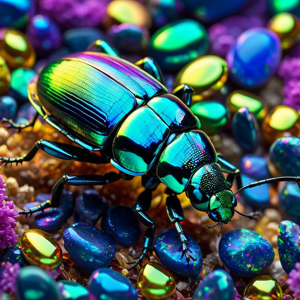 Iridescent Beetle on Iridescent Opals